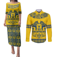 Sweden Daleclarian Horse Couples Matching Puletasi and Long Sleeve Button Shirt Floral Folk Pattern Yellow Version
