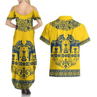 Sweden Daleclarian Horse Couples Matching Summer Maxi Dress and Hawaiian Shirt Floral Folk Pattern Yellow Version