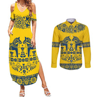Sweden Daleclarian Horse Couples Matching Summer Maxi Dress and Long Sleeve Button Shirt Floral Folk Pattern Yellow Version