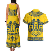 Sweden Daleclarian Horse Couples Matching Tank Maxi Dress and Hawaiian Shirt Floral Folk Pattern Yellow Version