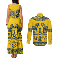 Sweden Daleclarian Horse Couples Matching Tank Maxi Dress and Long Sleeve Button Shirt Floral Folk Pattern Yellow Version