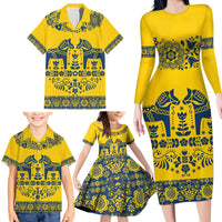 Sweden Daleclarian Horse Family Matching Long Sleeve Bodycon Dress and Hawaiian Shirt Floral Folk Pattern Yellow Version