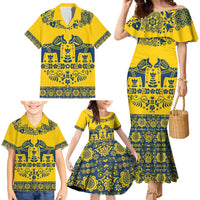 Sweden Daleclarian Horse Family Matching Mermaid Dress and Hawaiian Shirt Floral Folk Pattern Yellow Version