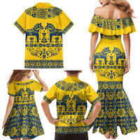 Sweden Daleclarian Horse Family Matching Mermaid Dress and Hawaiian Shirt Floral Folk Pattern Yellow Version