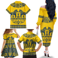 Sweden Daleclarian Horse Family Matching Off The Shoulder Long Sleeve Dress and Hawaiian Shirt Floral Folk Pattern Yellow Version