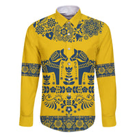 Sweden Daleclarian Horse Family Matching Off The Shoulder Long Sleeve Dress and Hawaiian Shirt Floral Folk Pattern Yellow Version