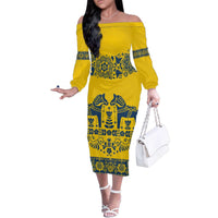 Sweden Daleclarian Horse Family Matching Off The Shoulder Long Sleeve Dress and Hawaiian Shirt Floral Folk Pattern Yellow Version