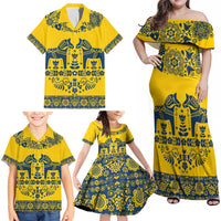 Sweden Daleclarian Horse Family Matching Off Shoulder Maxi Dress and Hawaiian Shirt Floral Folk Pattern Yellow Version