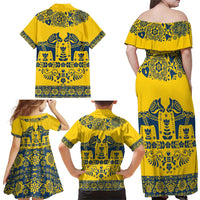 Sweden Daleclarian Horse Family Matching Off Shoulder Maxi Dress and Hawaiian Shirt Floral Folk Pattern Yellow Version