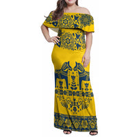 Sweden Daleclarian Horse Family Matching Off Shoulder Maxi Dress and Hawaiian Shirt Floral Folk Pattern Yellow Version