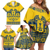 Sweden Daleclarian Horse Family Matching Off Shoulder Short Dress and Hawaiian Shirt Floral Folk Pattern Yellow Version