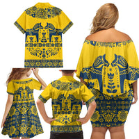Sweden Daleclarian Horse Family Matching Off Shoulder Short Dress and Hawaiian Shirt Floral Folk Pattern Yellow Version