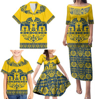 Sweden Daleclarian Horse Family Matching Puletasi and Hawaiian Shirt Floral Folk Pattern Yellow Version