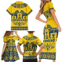 Sweden Daleclarian Horse Family Matching Short Sleeve Bodycon Dress and Hawaiian Shirt Floral Folk Pattern Yellow Version