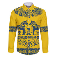 Sweden Daleclarian Horse Family Matching Short Sleeve Bodycon Dress and Hawaiian Shirt Floral Folk Pattern Yellow Version