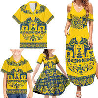 Sweden Daleclarian Horse Family Matching Summer Maxi Dress and Hawaiian Shirt Floral Folk Pattern Yellow Version