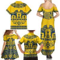 Sweden Daleclarian Horse Family Matching Summer Maxi Dress and Hawaiian Shirt Floral Folk Pattern Yellow Version