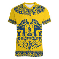 Sweden Daleclarian Horse Women V-Neck T-Shirt Floral Folk Pattern Yellow Version
