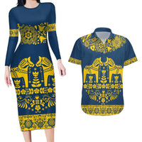 Sweden Daleclarian Horse Couples Matching Long Sleeve Bodycon Dress and Hawaiian Shirt Floral Folk Pattern Blue Version
