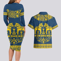 Sweden Daleclarian Horse Couples Matching Long Sleeve Bodycon Dress and Hawaiian Shirt Floral Folk Pattern Blue Version