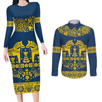 Sweden Daleclarian Horse Couples Matching Long Sleeve Bodycon Dress and Long Sleeve Button Shirt Floral Folk Pattern Blue Version