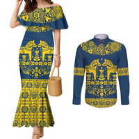 Sweden Daleclarian Horse Couples Matching Mermaid Dress and Long Sleeve Button Shirt Floral Folk Pattern Blue Version