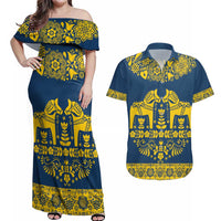 Sweden Daleclarian Horse Couples Matching Off Shoulder Maxi Dress and Hawaiian Shirt Floral Folk Pattern Blue Version