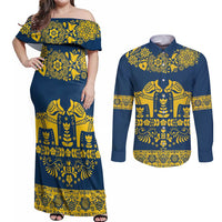 Sweden Daleclarian Horse Couples Matching Off Shoulder Maxi Dress and Long Sleeve Button Shirt Floral Folk Pattern Blue Version
