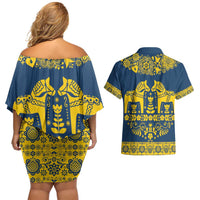 Sweden Daleclarian Horse Couples Matching Off Shoulder Short Dress and Hawaiian Shirt Floral Folk Pattern Blue Version