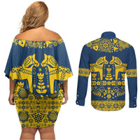 Sweden Daleclarian Horse Couples Matching Off Shoulder Short Dress and Long Sleeve Button Shirt Floral Folk Pattern Blue Version
