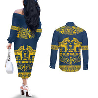 Sweden Daleclarian Horse Couples Matching Off The Shoulder Long Sleeve Dress and Long Sleeve Button Shirt Floral Folk Pattern Blue Version