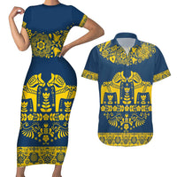 Sweden Daleclarian Horse Couples Matching Short Sleeve Bodycon Dress and Hawaiian Shirt Floral Folk Pattern Blue Version