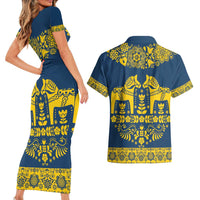 Sweden Daleclarian Horse Couples Matching Short Sleeve Bodycon Dress and Hawaiian Shirt Floral Folk Pattern Blue Version