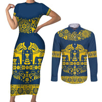 Sweden Daleclarian Horse Couples Matching Short Sleeve Bodycon Dress and Long Sleeve Button Shirt Floral Folk Pattern Blue Version