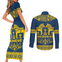 Sweden Daleclarian Horse Couples Matching Short Sleeve Bodycon Dress and Long Sleeve Button Shirt Floral Folk Pattern Blue Version