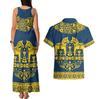 Sweden Daleclarian Horse Couples Matching Tank Maxi Dress and Hawaiian Shirt Floral Folk Pattern Blue Version