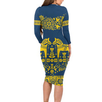 Sweden Daleclarian Horse Family Matching Long Sleeve Bodycon Dress and Hawaiian Shirt Floral Folk Pattern Blue Version