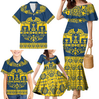 Sweden Daleclarian Horse Family Matching Mermaid Dress and Hawaiian Shirt Floral Folk Pattern Blue Version
