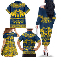 Sweden Daleclarian Horse Family Matching Off The Shoulder Long Sleeve Dress and Hawaiian Shirt Floral Folk Pattern Blue Version