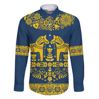 Sweden Daleclarian Horse Family Matching Off The Shoulder Long Sleeve Dress and Hawaiian Shirt Floral Folk Pattern Blue Version