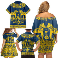 Sweden Daleclarian Horse Family Matching Off Shoulder Short Dress and Hawaiian Shirt Floral Folk Pattern Blue Version
