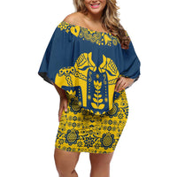 Sweden Daleclarian Horse Family Matching Off Shoulder Short Dress and Hawaiian Shirt Floral Folk Pattern Blue Version
