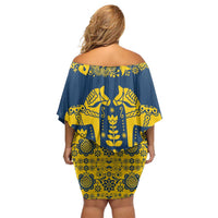 Sweden Daleclarian Horse Family Matching Off Shoulder Short Dress and Hawaiian Shirt Floral Folk Pattern Blue Version