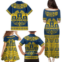 Sweden Daleclarian Horse Family Matching Puletasi and Hawaiian Shirt Floral Folk Pattern Blue Version