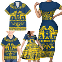 Sweden Daleclarian Horse Family Matching Short Sleeve Bodycon Dress and Hawaiian Shirt Floral Folk Pattern Blue Version