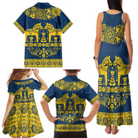 Sweden Daleclarian Horse Family Matching Tank Maxi Dress and Hawaiian Shirt Floral Folk Pattern Blue Version
