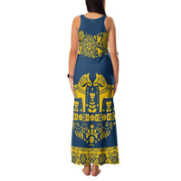Sweden Daleclarian Horse Family Matching Tank Maxi Dress and Hawaiian Shirt Floral Folk Pattern Blue Version