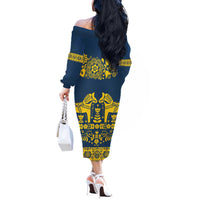 Sweden Daleclarian Horse Off The Shoulder Long Sleeve Dress Floral Folk Pattern Blue Version