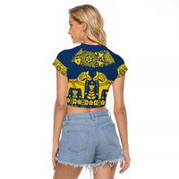 Sweden Daleclarian Horse Raglan Cropped T Shirt Floral Folk Pattern Blue Version