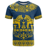 Sweden Daleclarian Horse T Shirt Floral Folk Pattern Blue Version